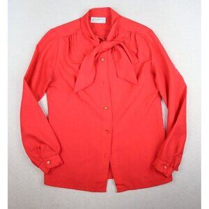 VINTAGE WOMEN'S RED-ORANGE LONG SLEEVE BUTTON-UP BLOUSE BOW DETAIL LADY HOLIDAY